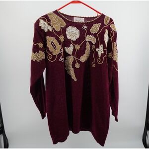Jaclyn Smith Vintage Burgundy Metallic Knit Sweater Floral Beaded Crochet Large